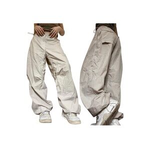Beige Wide-Leg Cargo/parachute Pants